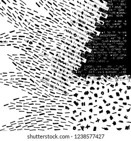 Vector pattern with a swarm of short lines and collage of white letters cutouts from newspapers. Black and white censored text collage in combination with hand drawn illustration of short lines.
