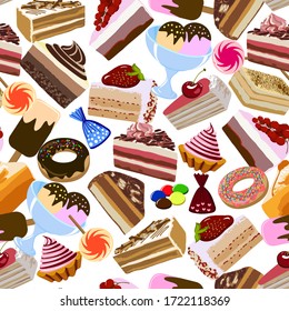 Motif vectoriel de desserts sucrés.Ensemble d'éléments de desserts sucrés à motif harmonieux.
