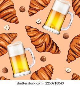 Vector pattern of sweet food. Croissant, beer. Delicious sweet background for cafe. Seamless background for printing on fabric, paper, textile