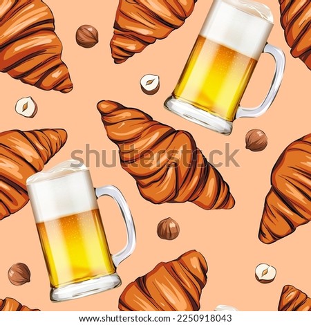 Vector pattern of sweet food. Croissant, beer. Delicious sweet background for cafe. Seamless background for printing on fabric, paper, textile