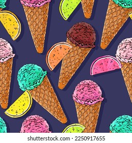 Vector pattern of sweet food. Marmalade, ice cream. Delicious sweet background for cafe. Seamless background for printing on fabric, paper, textile