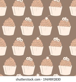 Vector pattern with a sweet food theme. The palette and the backgrounds are soft and the layouts are simplified. Backdrop for greeting cards, posters, banners, and placards.