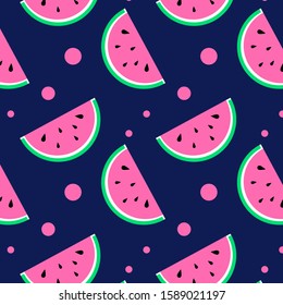 Vector pattern with sweet piece of watermelon on dark background with dot. Flat style design of watermelon with seed for paper, print, textile 