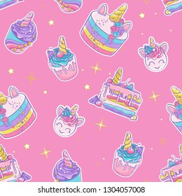 Vector pattern сolorful sweets. Cute cupcakes and cakes. Magically unicorn sweets. 