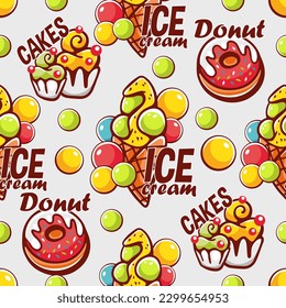 Vector pattern with sweets. Waffles, cupcakes, ice cream, cake.