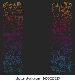 Patrón vectorial con símbolos de la República Checa. Conjunto con iconos turísticos y elementos paisajísticos. Viaje al país. Ciudad, catedral, edificio, arquitectura europea. Ilustración con puntos de referencia