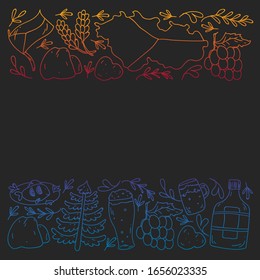 Vector pattern with symbols of Czech Republic. Set with tourism icons and landscapes elements. Travel to country. City, cathedral, building, European architecture. Illustration with landmarks