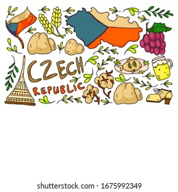 Vector pattern with symbols of Czech Republic. Set with tourism icons and landscapes elements. Travel to country. City, cathedral, building, European architecture. Illustration with landmarks