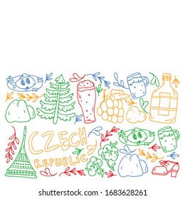 Vector pattern with symbols of Czech Republic. Set with tourism icons and landscapes elements. Travel to country. City, cathedral, building, European architecture. Illustration with landmarks