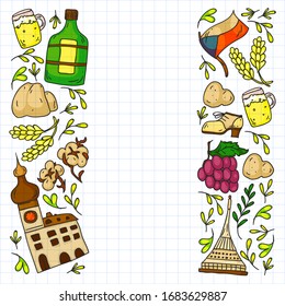 Patrón vectorial con símbolos de la República Checa. Conjunto con iconos turísticos y elementos paisajísticos. Viaje al país. Ciudad, catedral, edificio, arquitectura europea. Ilustración con puntos de referencia
