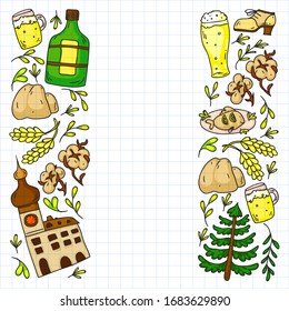 Vector pattern with symbols of Czech Republic. Set with tourism icons and landscapes elements. Travel to country. City, cathedral, building, European architecture. Illustration with landmarks