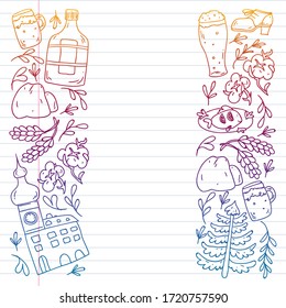 Vector pattern with symbols of Czech Republic. Set with tourism icons and landscapes elements. Travel to country. City, cathedral, building, European architecture. Illustration with landmarks