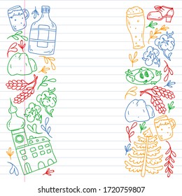 Vector pattern with symbols of Czech Republic. Set with tourism icons and landscapes elements. Travel to country. City, cathedral, building, European architecture. Illustration with landmarks