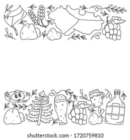 Patrón vectorial con símbolos de la República Checa. Conjunto con iconos turísticos y elementos paisajísticos. Viaje al país. Ciudad, catedral, edificio, arquitectura europea. Ilustración con puntos de referencia
