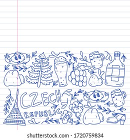 Vector pattern with symbols of Czech Republic. Set with tourism icons and landscapes elements. Travel to country. City, cathedral, building, European architecture. Illustration with landmarks