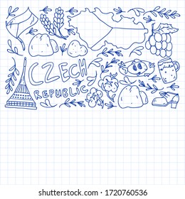 Vector pattern with symbols of Czech Republic. Set with tourism icons and landscapes elements. Travel to country. City, cathedral, building, European architecture. Illustration with landmarks
