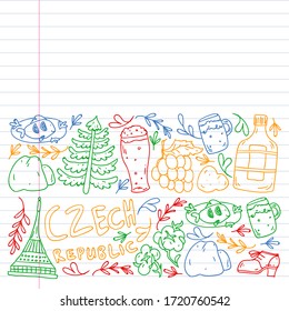 Vector pattern with symbols of Czech Republic. Set with tourism icons and landscapes elements. Travel to country. City, cathedral, building, European architecture. Illustration with landmarks