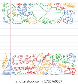 Vector pattern with symbols of Czech Republic. Set with tourism icons and landscapes elements. Travel to country. City, cathedral, building, European architecture. Illustration with landmarks