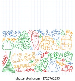 Vector pattern with symbols of Czech Republic. Set with tourism icons and landscapes elements. Travel to country. City, cathedral, building, European architecture. Illustration with landmarks