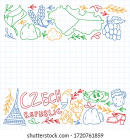 Patrón vectorial con símbolos de la República Checa. Conjunto con iconos turísticos y elementos paisajísticos. Viaje al país. Ciudad, catedral, edificio, arquitectura europea. Ilustración con puntos de referencia