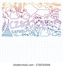 Vector pattern with symbols of Czech Republic. Set with tourism icons and landscapes elements. Travel to country. City, cathedral, building, European architecture. Illustration with landmarks
