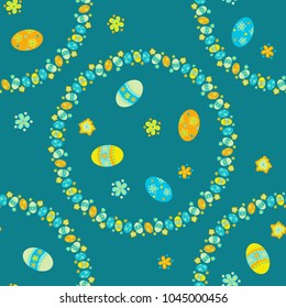 Vector pattern with symbols of Easter, colored eggs grouped in circles.
