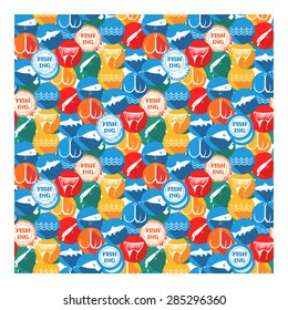 vector pattern symbols for fishing with baits, tail, fish, hook in round different colors