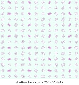 Vector pattern symbols for upload, battery, HDD, brightness control, trash bin, and video recorder, seamless, minimalist design, suitable for UI UX design themes