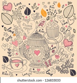 Vector pattern with tea pot, cup and cake