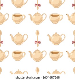 Vector pattern with tea pot, cup and spoon