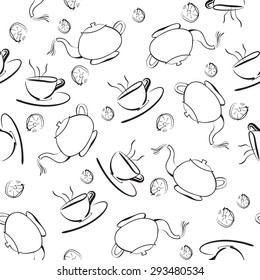 Vector pattern of teapot, cups and lemon, seamless pattern, black and white background