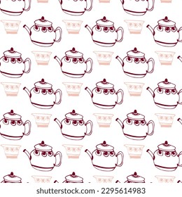 Vector pattern of teapots and cups. Tea ceremony, culture. East, China, Japan. Hand drawing, sketch, doodle. Wrapping paper, fabric, ornament, wallpaper, background. Beige, burgundy on white. Eps10