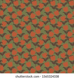 Vector pattern with teracotta lilies on a green background. Autumn floral pattern with flowers for textile and wrapping paper.