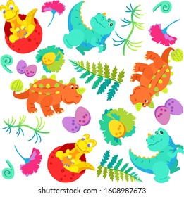 Vector pattern for textile with dinosaurs. Wallpaper with cartoon dinosaurs. For children. Set of figures of the prehistoric period.