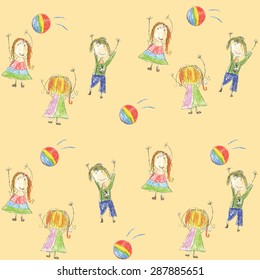 Vector pattern for textile, paper and other. Children playing ball in the summer. Drawn by hand with colored pencils little girl six years.