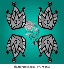 Vector pattern. Textured curls. Oriental style arabesques. Blue and white background with isolated elements. Vector illustration.