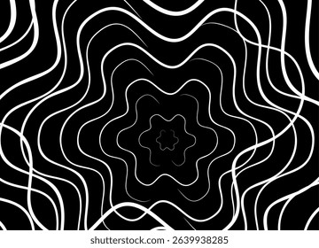 Vector pattern of thin wavy white lines on a black background. Modern design element. Vector background for covers, advertising, packaging. Abstract flowers