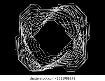 Vector pattern of thin white broken lines on a black background. Modern swirling design element, for backgrounds, presentations, posters. Modern background with space for text. Frame, grid. Light