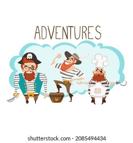 Vector pattern with three pirates on a light background in children's cartoon style.