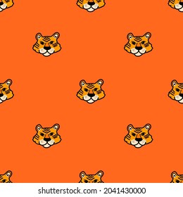 Vector pattern with a tiger's face in a cartoon style on a orange background. Tiger illustrations for T-shirts, postcards, posters, fabrics, pajamas