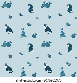 Vector pattern with tigers and tangerines. New Year's winter pattern. Christmas tree on a blue background.