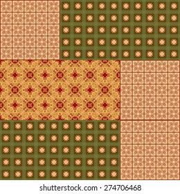 Vector pattern tile in patch work design. Muted nostalgic colors, repeatable background in vintage style