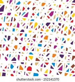 Vector pattern or tile texture with colorful pink, violet, blue, orange, yellow and green pieces on white background