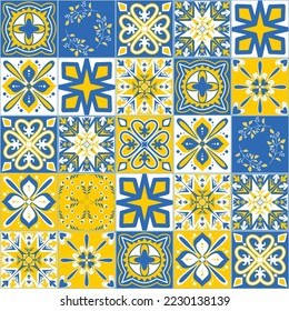Baldosas de patrón vectorial en el estilo Azulejo portugués, ilustración vectorial azul de contraste