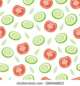 Vector pattern of tomatoes and cucumbers with leaves