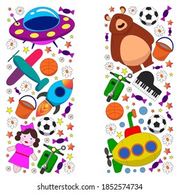 Vector pattern with toys for kids. Car, ufo, alien, airplane, teddy bear.
