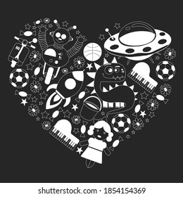 Vector pattern with toys for kids. Car, ufo, alien, airplane, teddy bear.