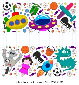 Vector pattern with toys for kids. Car, ufo, alien, airplane, teddy bear.