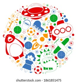 Vector pattern with toys for kids. Car, ufo, alien, airplane, teddy bear.
