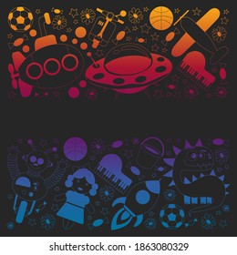 Vector pattern with toys for kids. Car, ufo, alien, airplane, teddy bear.